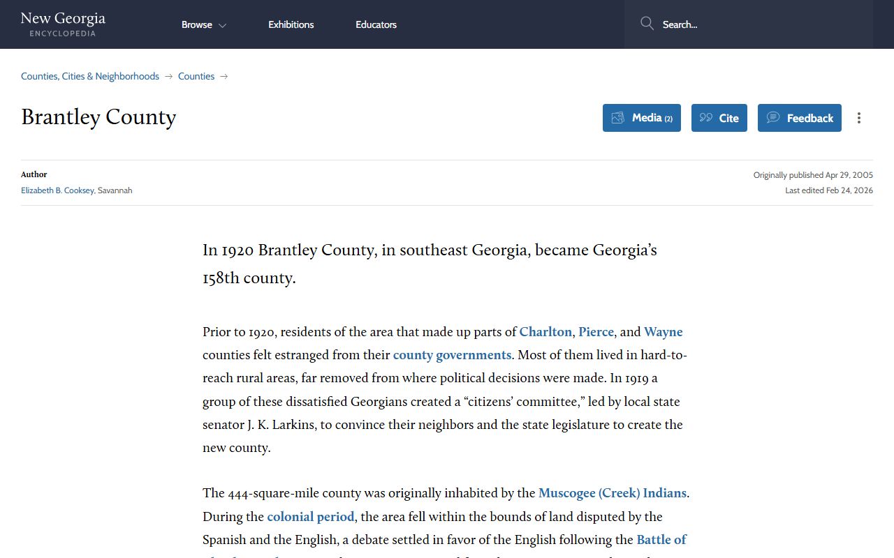 New Georgia Encyclopedia Brantley County history page