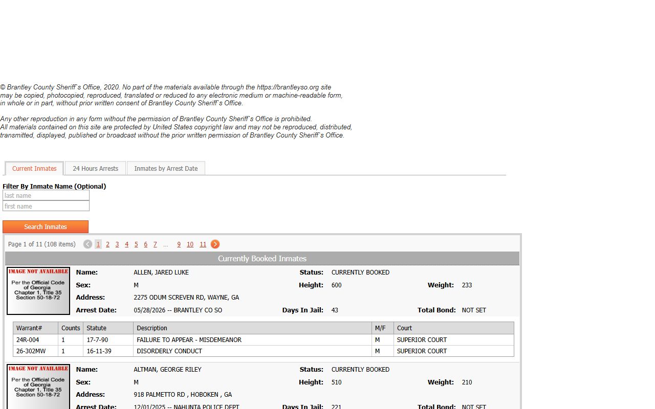 Brantley County arrest records current inmate roster charge table