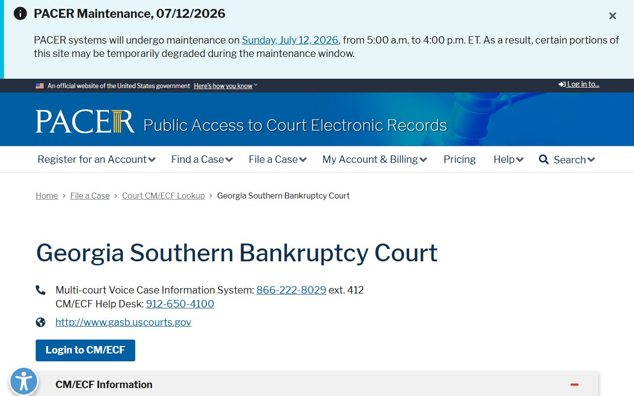 PACER CM ECF lookup for Georgia Southern Bankruptcy Court