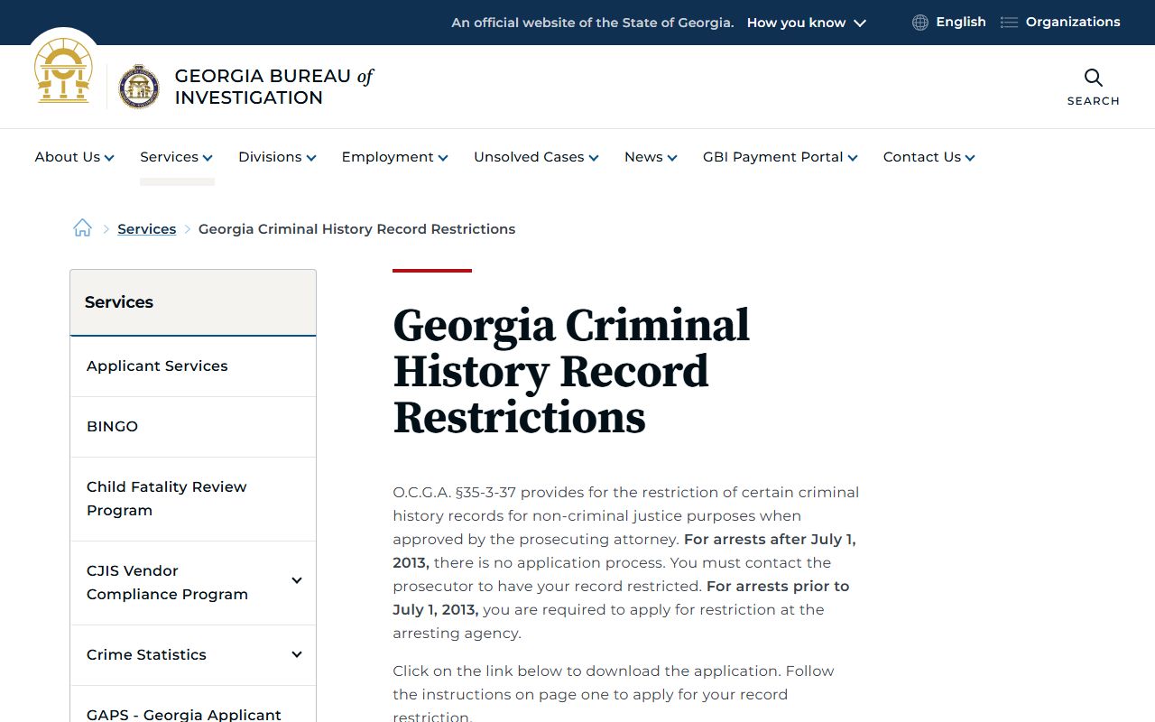 GBI criminal history record restrictions page